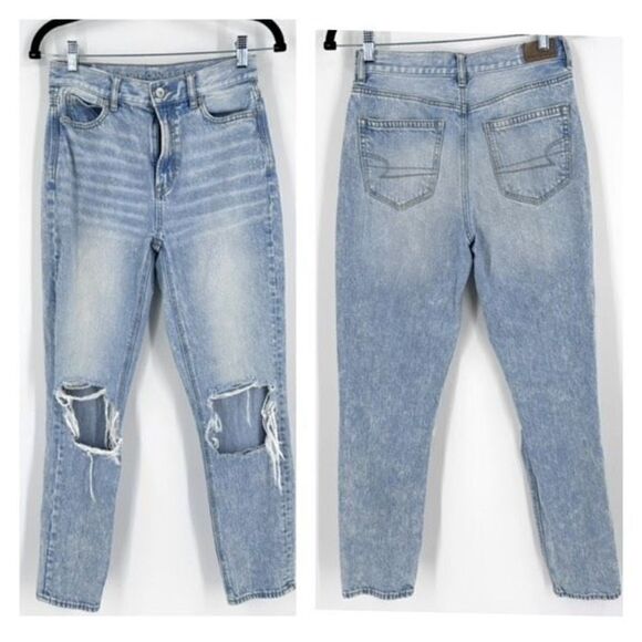 American Eagle Outfitter Women's Distressed Ankle Mom Jeans Blue Acid Wash Sz 0 - Picture 1 of 11
